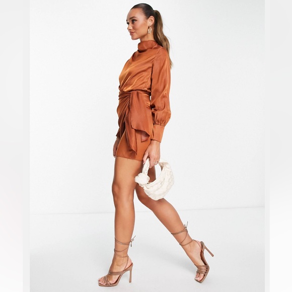 ASOS pleat cowl neck mini dress with tie belt in rust - Picture 4 of 8